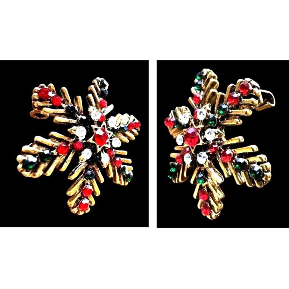 Christmas Snowflake Brooch Pin Star Red Green Crystal Accents Festive Wi… - Picture 5 of 12